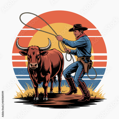 Cowboy Roping a Bull at Sunset Illustration