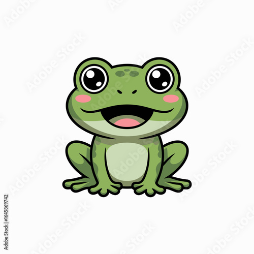 Cute cartoon frog character, cheerful expression, green color