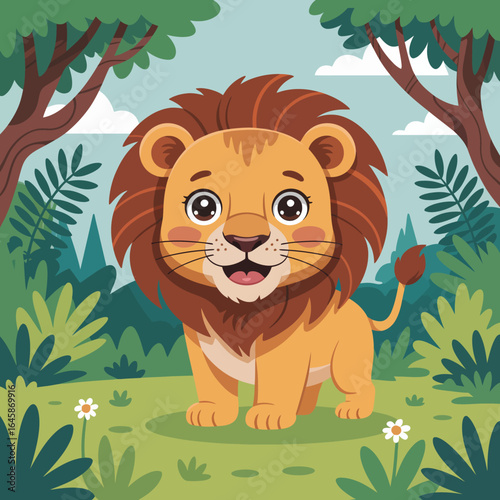 Cute cartoon lion in a forest setting, playful design
