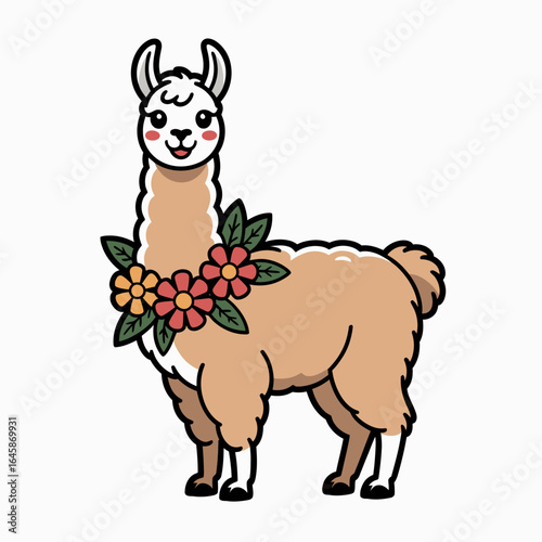 Cute cartoon llama with floral decoration