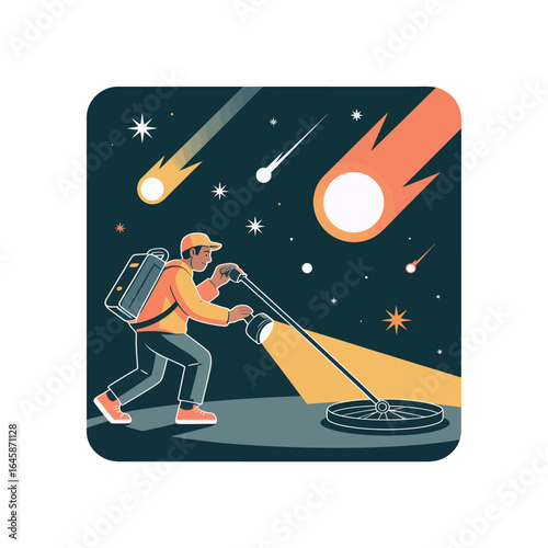 Man with backpack and spotlight searches for meteorites in starry night sky searching
