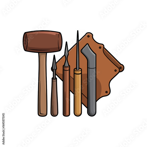 Leatherworking tools including mallet awls and skiving knife craft