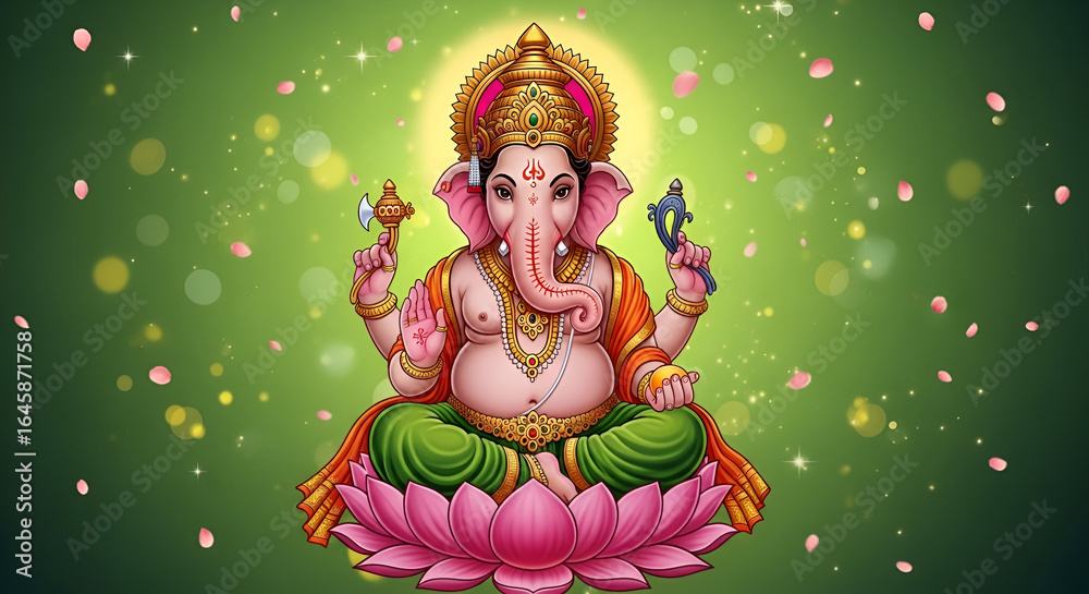 Naklejka premium Golden Ganesh statue surrounded by flowers on a decorative background