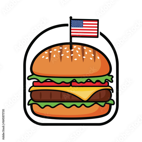 Colorful cartoon illustration of a cheeseburger with american flag