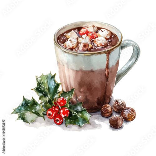 Christmas Hot Chocolate, watercolor painting, vector illustration, isolated on a white background.