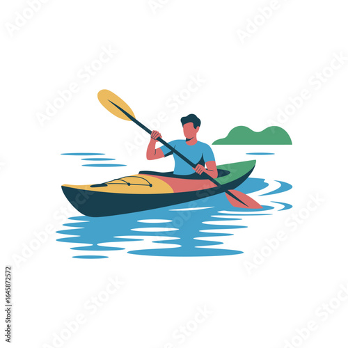Man paddling a colorful kayak on blue water with green hills in background kayaking paddle