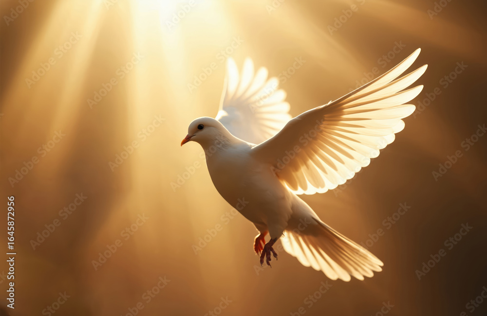 Obraz premium White dove flies in warm golden light. Sunbeams illuminate wings creating ethereal glow. Symbol of peace, purity, faith. Bird embodies hope, freedom, divine spirit. Represents spiritual calm,