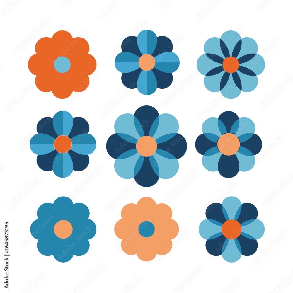 Nine stylized floral designs in blue, orange, and teal, arranged in a grid.