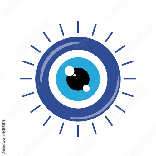 Blue Evil Eye amulet with radiating rays, symbolic protection charm.
