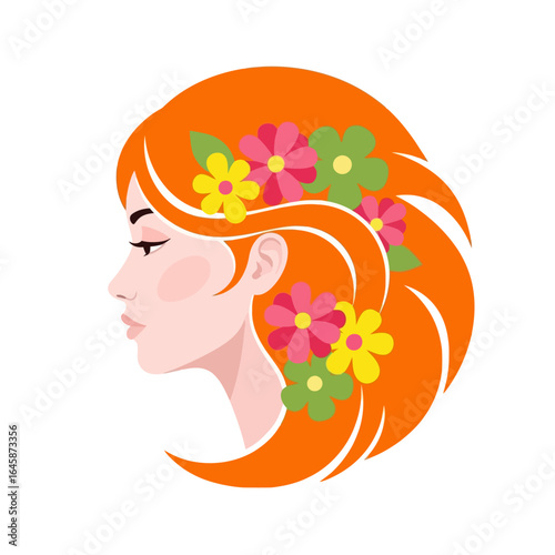 Profile illustration of a beautiful woman with vibrant orange hair adorned with colorful spring flowers.