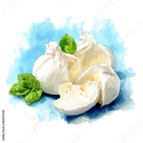 Watercolor vector illustration of Burrata, isolated on white background.