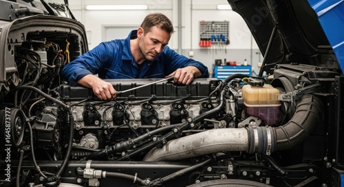 A man in a blue uniform working on a truck engine in a workshop.