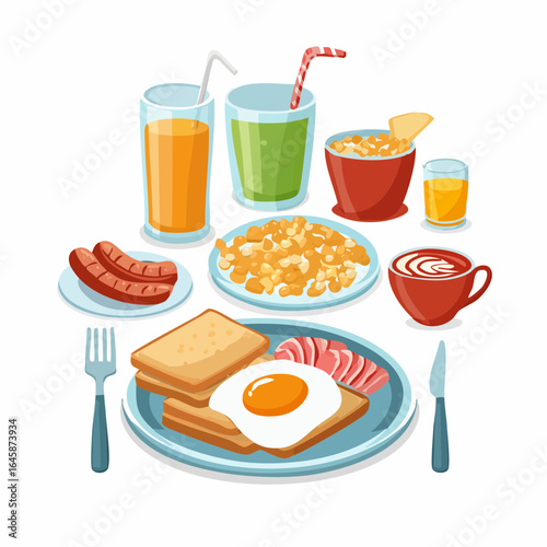 Flat style breakfast icon set featuring classic morning meals