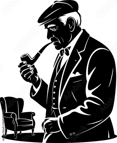 A classic silhouette of an elderly man gently holding or smoking a traditional pipe 