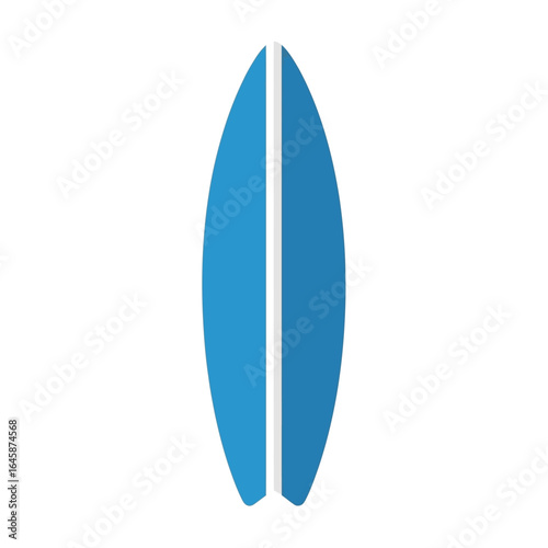 A bright blue surfboard with white stripes, standing upright against a clean white background, ready for a surfing adventure.