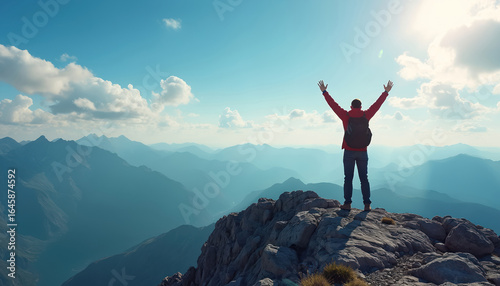 Hiker reaches mountain summit with arms raised in victory. Person enjoys success and freedom at mountain peak. Outdoors adventure sport, scenic landscape with layered mountains under blue sky and sun.