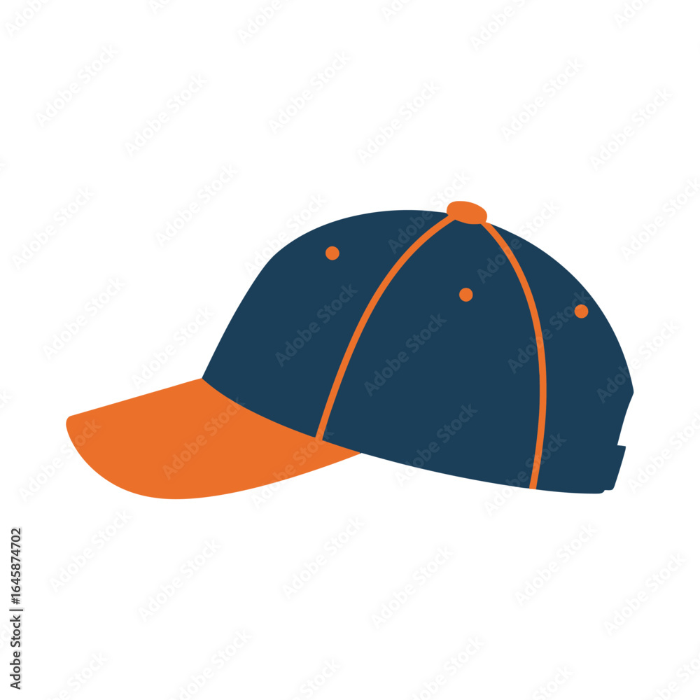 Fototapeta premium Side view of a navy blue baseball cap with an orange brim.