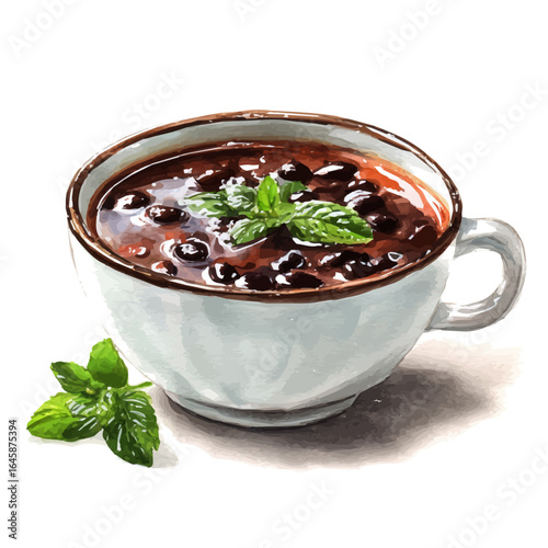 Black Bean Soup in watercolor style, vector illustration, isolated on white background.