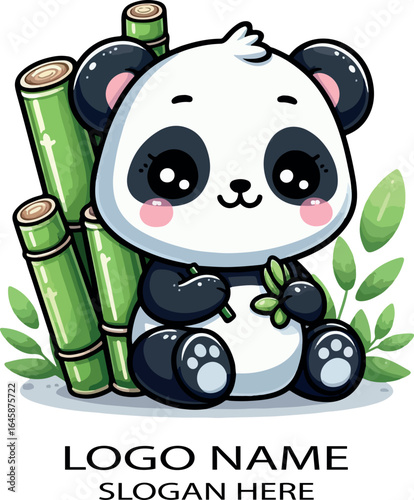Cute kawaii panda sitting with bamboo logo icon vector .