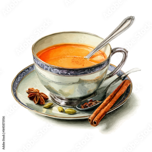 Chai Tea, watercolor painting, vector illustration, isolated on a white background.