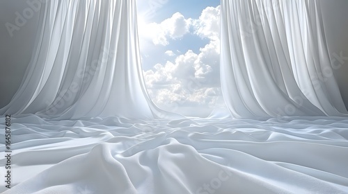 Fototapeta Naklejka Na Ścianę i Meble -  Soft white curtains billow gently in a serene room, revealing a bright sky with fluffy clouds on a sunny day