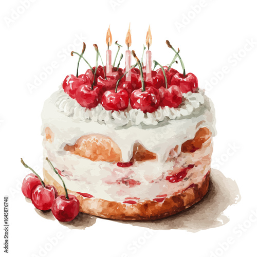 Birthday Cake, watercolor painting, vector illustration, isolated on a white background.