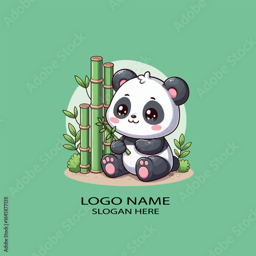 Cute kawaii panda sitting with bamboo logo icon vector .