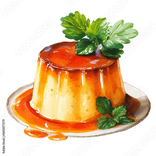 Watercolor vector illustration of Caramel Flan, isolated on white background.