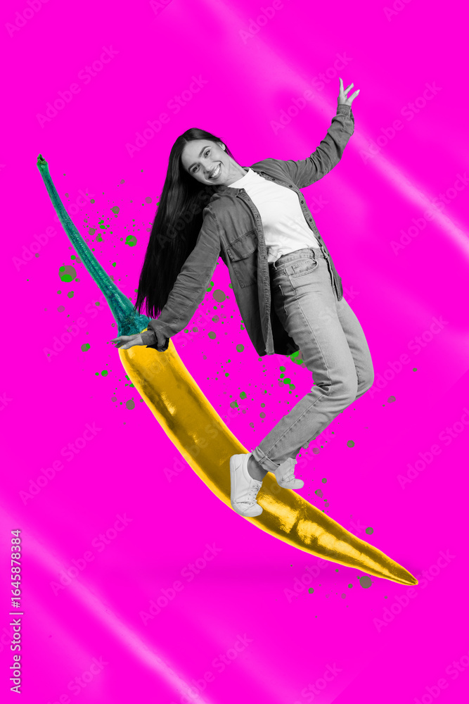 Naklejka premium Trend poster collage of person stand ride on red big chili pepper over pink color background