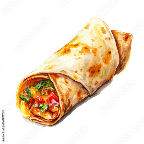 Burrito, watercolor painting, vector illustration, isolated on a white background.