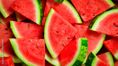 Triangles of sliced watermelon close-up. Watermelon pattern, macro photo. Close-up.