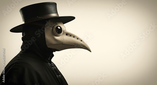 vintage style profile of a masked man in a plague doctor outfit with bird mask and hat, emphasizing biohazard concept, subject positioned at the bottom with clear copy space at the top for photos