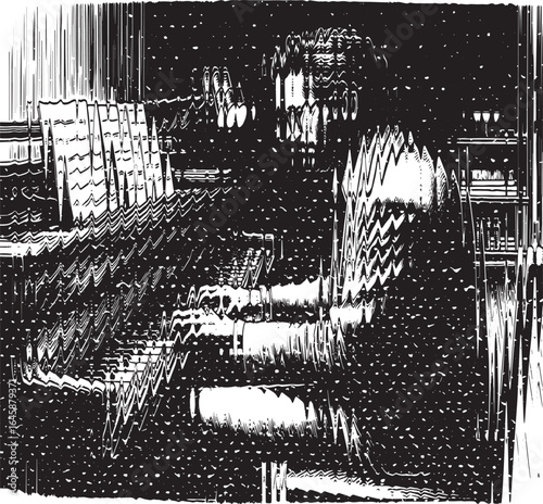  Glass glitch effect rough texture monochrome engraving of a man playing piano in a dimly lit room digital art