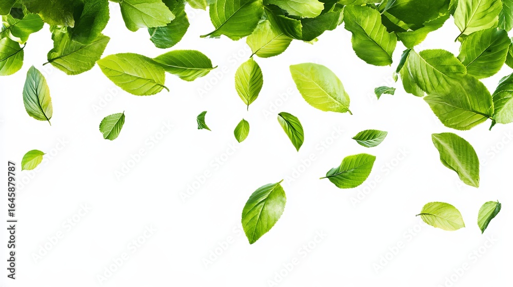 Lush green leaves falling against a white backdrop; a vibrant, fresh image ideal for various design projects Lush green leaves falling against a white backdrop; a vibrant, fresh image ideal for various design projects