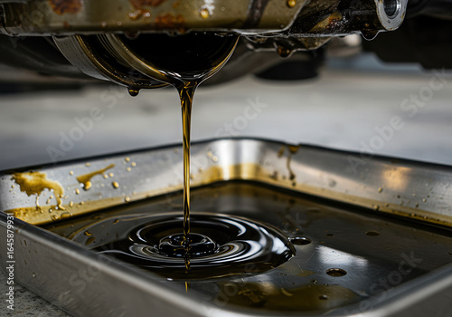 Draining Used Engine Oil from Vehicle – Oil Change Process in Auto Repair Shop, Professional Car Maintenance, Waste Oil Disposal, Automotive Industry