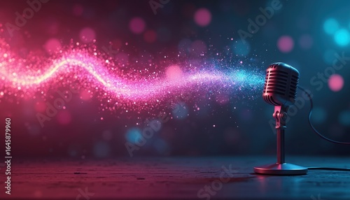 Vintage microphone on stage emits colorful glowing soundwave. Abstract particles create dynamic energy flow, voice transmission, music, radio communication. Neon lights create futuristic atmosphere