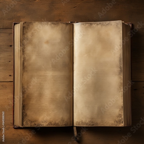 Vintage Book's Blank Pages: An antique, leather-bound book lies open on a weathered wooden surface, its aged pages promising untold stories and adventures, ready for the next chapter.
