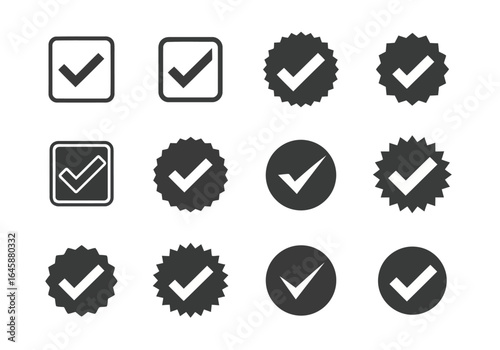 Collection of checkmark icons in various shapes and styles, isolated on white background