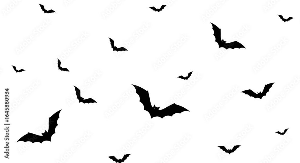 Fototapeta premium Multiple black bat silhouettes flying against a white background, creating a spooky Halloween pattern.