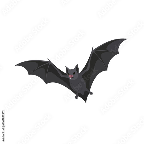 A simple vector illustration of a black bat flying with its wings fully spread out against a white background.