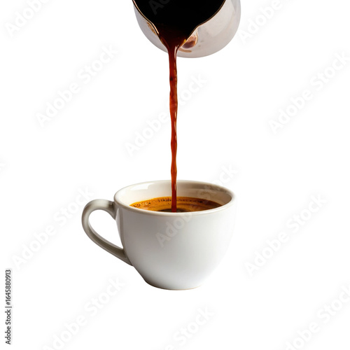 A steaming cup of coffee is being poured from a jug, showcasing its rich color and inviting aroma.