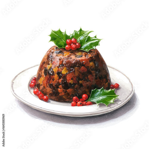 Watercolor vector illustration of Christmas Pudding, isolated on white background.