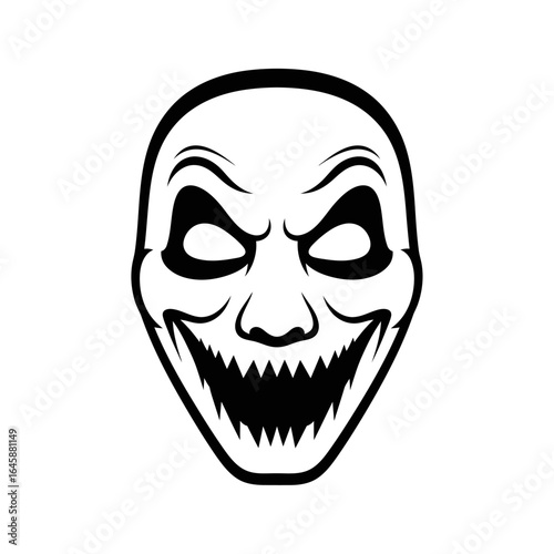 Black and white illustration of a terrifying, grinning mask with sharp teeth and menacing eyes, evoking horror.