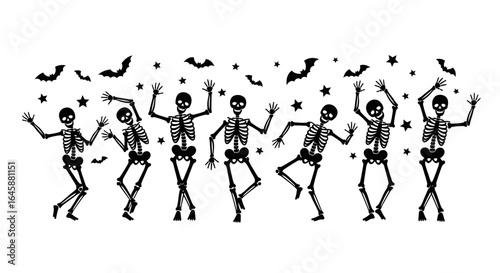 A black and white illustration of dancing skeletons with bats and stars for Halloween.