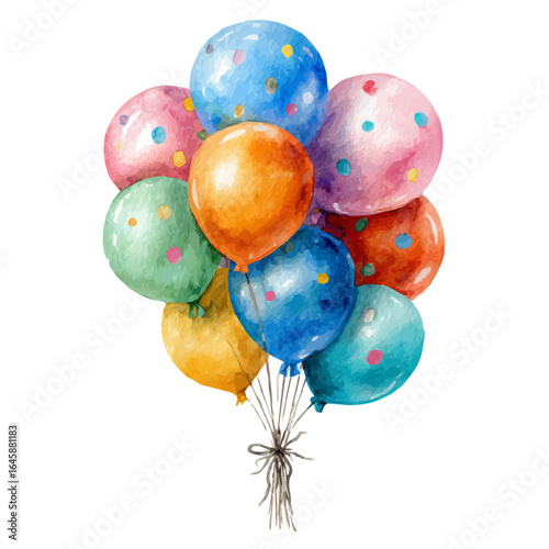 Watercolor vector illustration of Birthday Balloons Bouquet, isolated on white background.