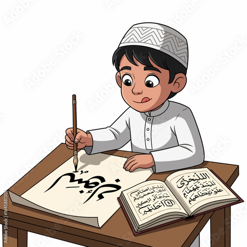 A young Muslim boy in a white thobe and taqiyah cap practicing Arabic calligraphy with a brush.