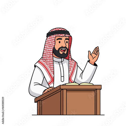Bearded Arab man in traditional red ghutra and thobe giving a speech at a wooden podium.