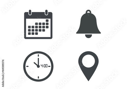 Set of four icons representing a calendar, a bell, a clock, and a location pin isolated on white background