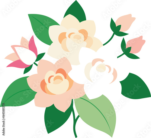 Elegant jasmine and rose bouquet on white background, fragrant floral arrangement, perfect for decoration, wedding, celebration, romantic, and nature-themed stock photography.