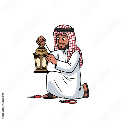 Cartoon Arab man in traditional thobe and ghutra fixing a golden Ramadan lantern.